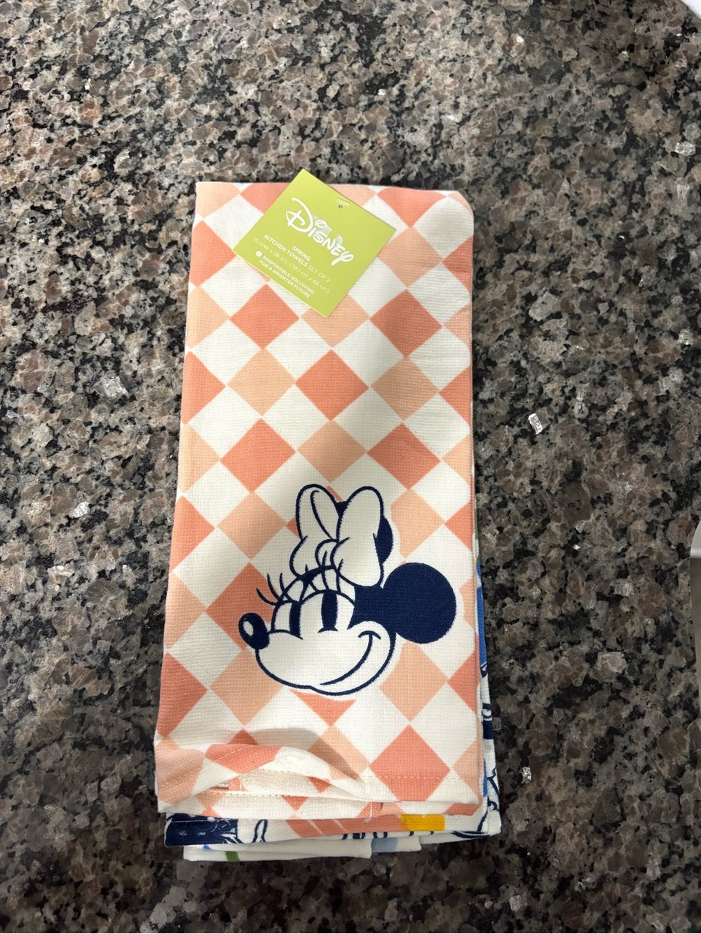 Disney Peach and White Checkered Minnie Mouse Kitchen Towel with Navy Silhouette
